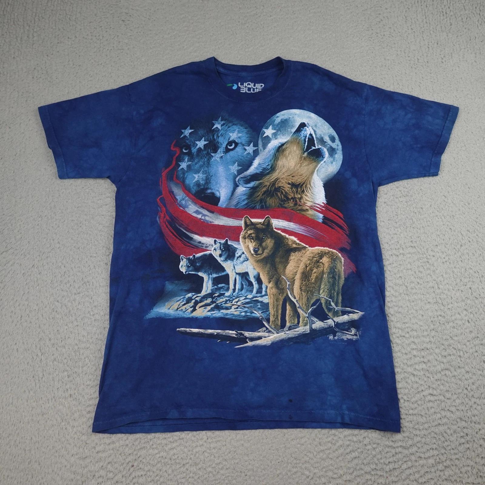 Liquid Blue Shirt Mens Large Blue Patriotic Wolf Moon USA Graphic Animal Tee XL