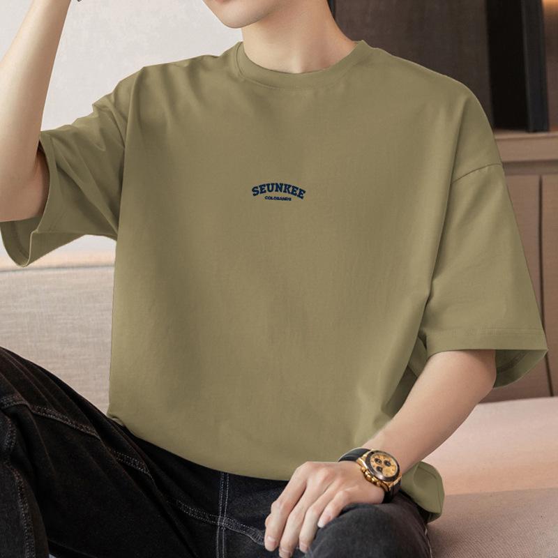 Men's Summer Heavyweight Pure Cotton Crew Neck T-shirt, 260g, Short Sleeve, Loose Fit