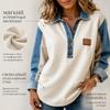 Sweatshirt Femme Denim Contrastant Col Splicé, Haut Henley à Boutons Coupe Ample, Blouse Douce Confortable à Manches Longues pour Dames Usage Quotidien Street Casual