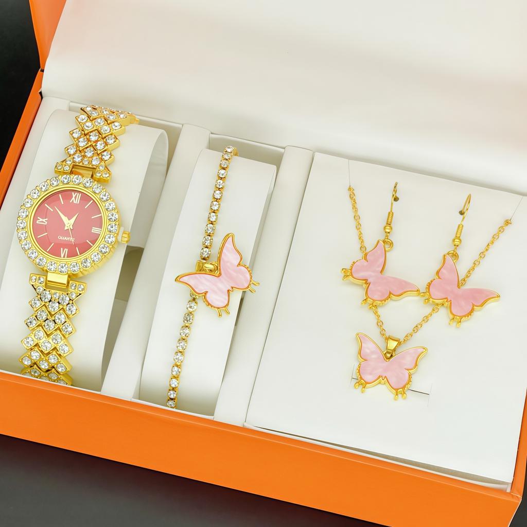 Ladies Fashion Diamond Set Watch Set Gift Box, Butterfly 5Pcs Jewelry Roman Bracelet Gold Watch
