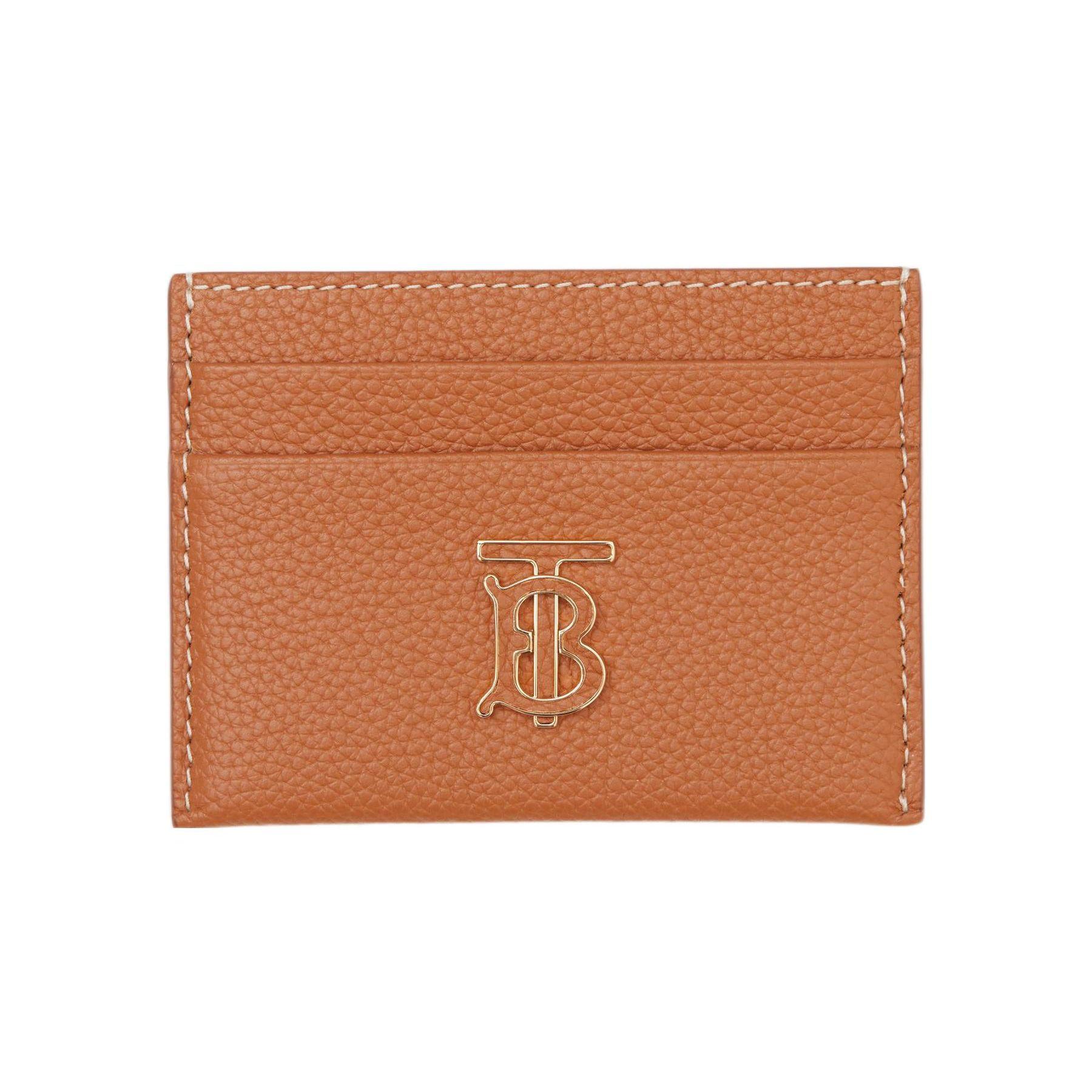 Burberry Tan Pebbled Leather TB Monogram Card Holder With Gold Hardware For Daily Use Basic Set (Bag+Dust Bag)