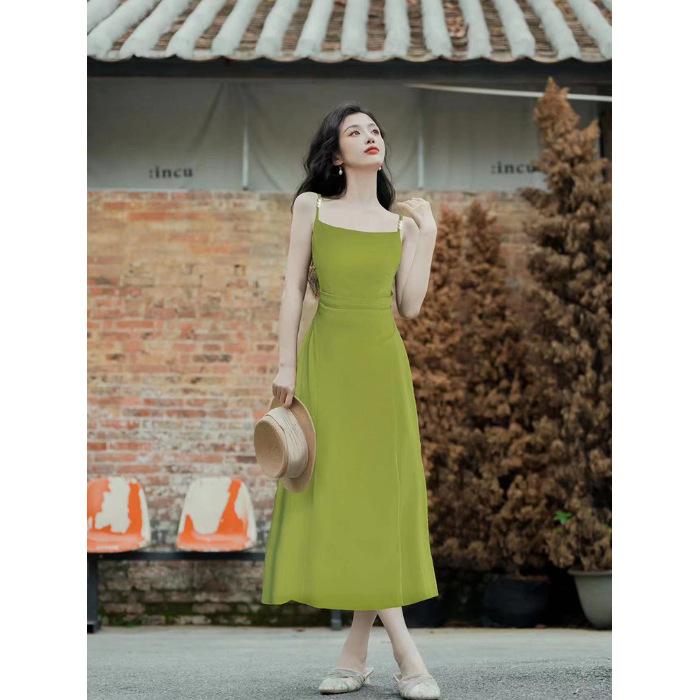 Summer French Avocado Green Suspender Dress Super Fairy Seaside Vacation Beach Long Skirt Chic and Beautiful