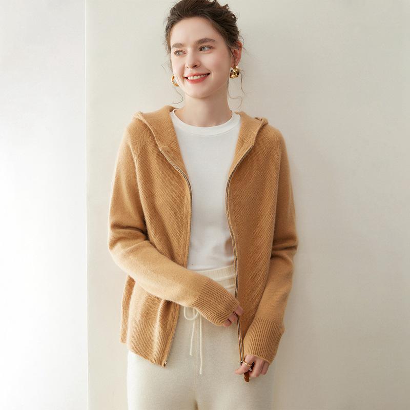 Women's 2026 Autumn/Winter Cashmere Hooded Sweater: Gentle Style Double Zipper Jacket