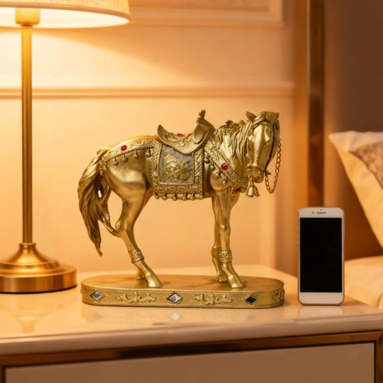 Retro Horse Statue Desktop Artistic Horse Figurine with Base Golden Painted Resin Horse Sculpture