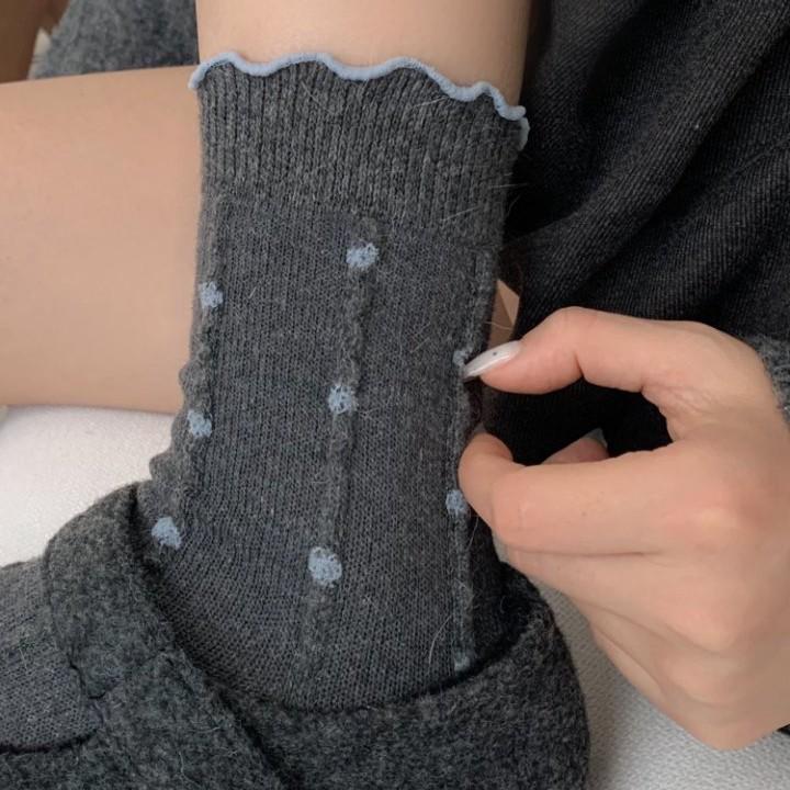 Polka Dot Floral Merino Wool Slouch Socks with Lettuce Edge and Lace