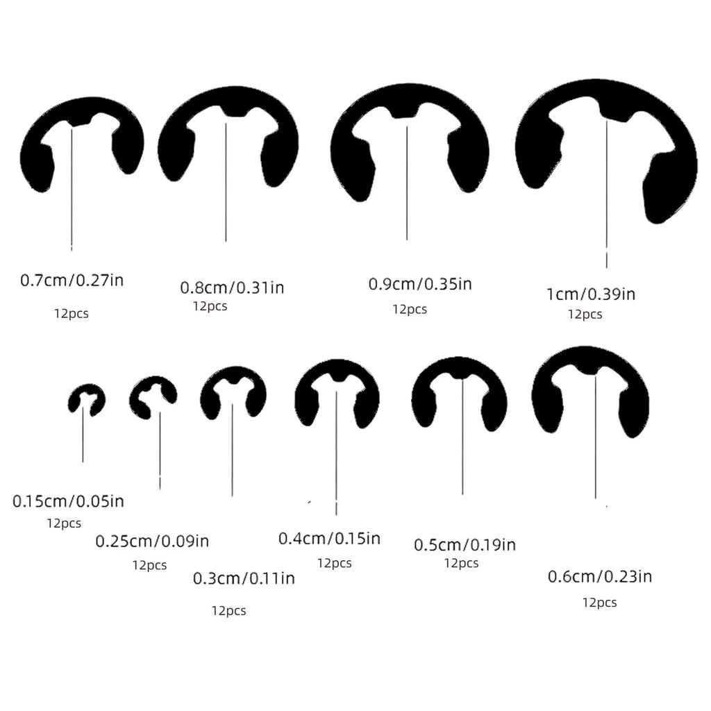 120 ШТ. Набір стопорних кілець із чорної нержавіючої сталі Стопорне кільце E-Clip Шайба Асортимент для кріплення валу M1.5-M10
