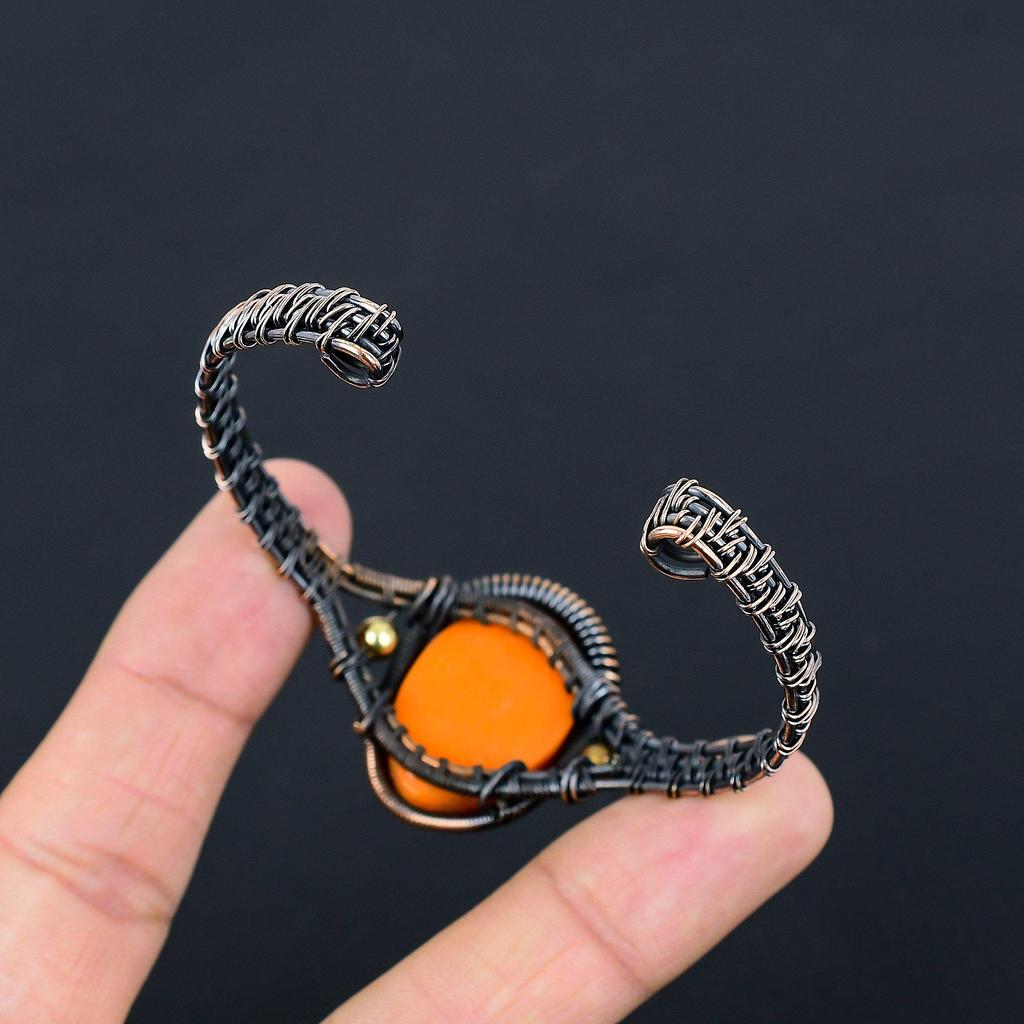 Orange Praying Lady Carved Bone Face Handmade Latest Design Jewelry Bangle, 999 Copper Wire Wrapped Gemstone Bangle, Gift For Sister