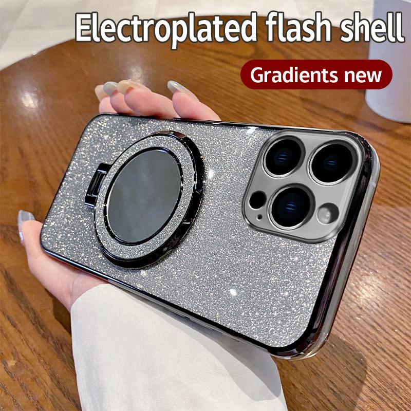 For Iphone 14 Luxury Mirror Stand Glitter Magnetic Case for iPhone 14 Pro Max Shockproof Soft Electroplated Bumper Cover 14 Plus