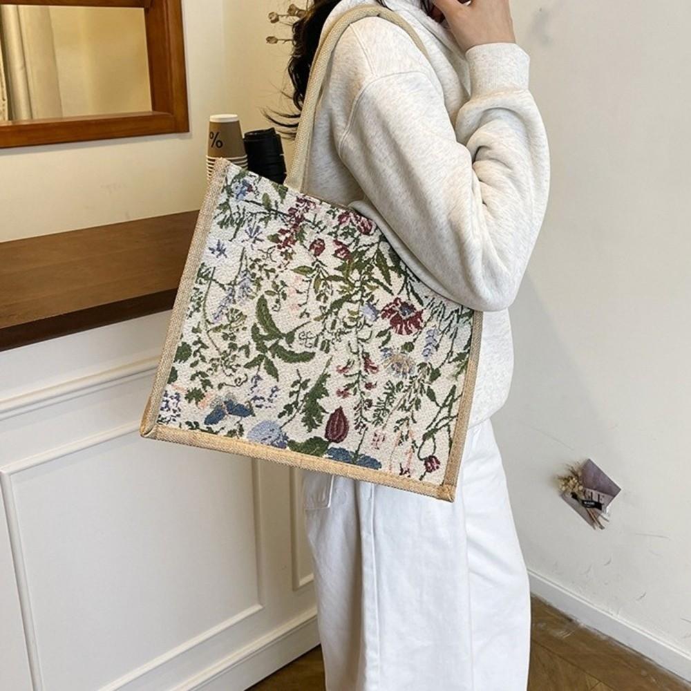 Flower Floral Pattern Shoulder Bag Canvas Geometric Cloth Bag Casual Ethnic Style Handbag Women