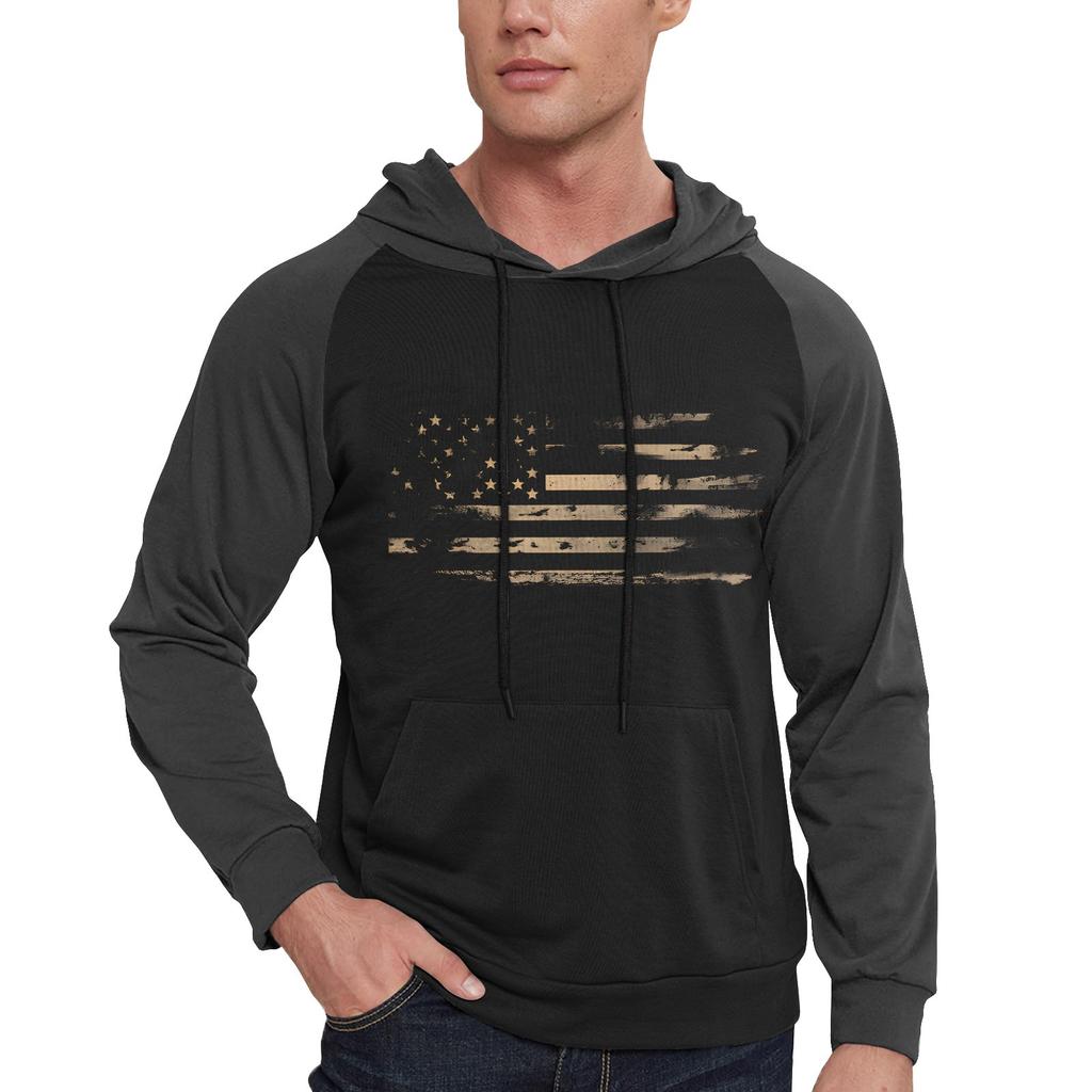 Men's Casual Hooded Drawstring Long Flag Print Sweatshirt With Pockets