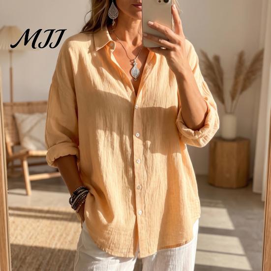 Solid Color Blouses Women Casual Button Front Shirt, Long Sleeve Turndown Collar Blouse, Work Shirts Drop Shoulder Fall Top for Daily Wear