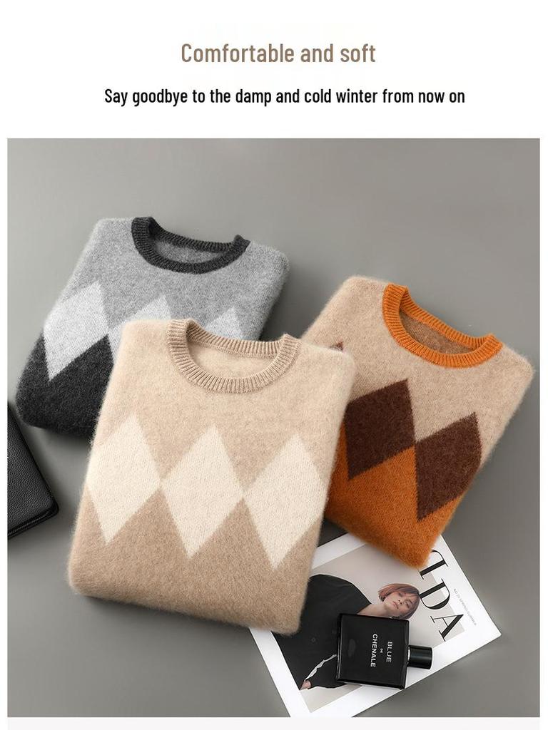 Men's Retro Diamond Pattern 100% Wool Sweater - Thick Knit Round Neck Pullover for Autumn/Winter
