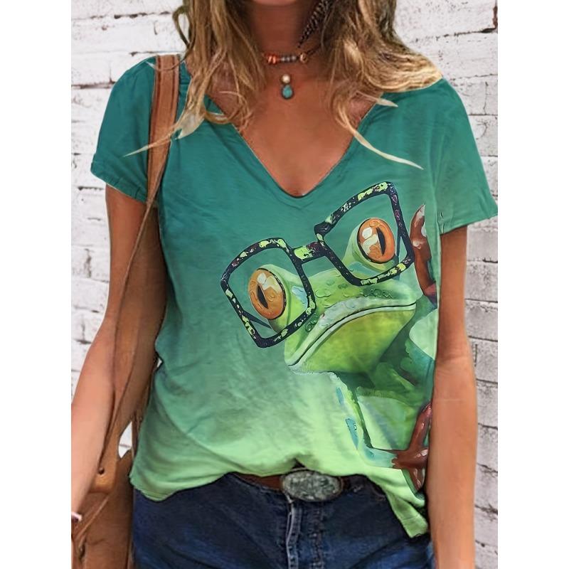 Frog Print Gradient V Neck T-shirt, Casual Short Sleeve T-shirt For Spring & Summer, Women s Clothing S