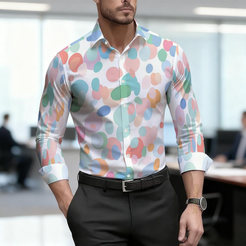 Camicia da uomo 2026, nuova, a pois bianchi e neri, a maniche lunghe, da lavoro, vestibilità slim, alla moda, casual, tessuto di alta qualità