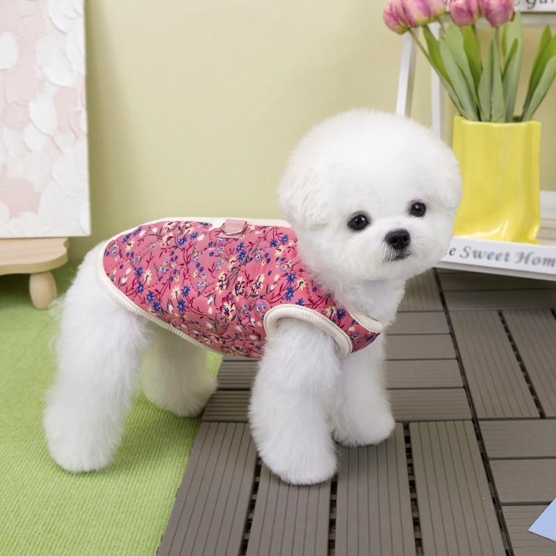 Winter FlowerPattern Pet Jacket Pet Dog Costume Navy Pink Sleeveless Vest Jacket Warm Comfortable Floral Cotton Vest Small Dog