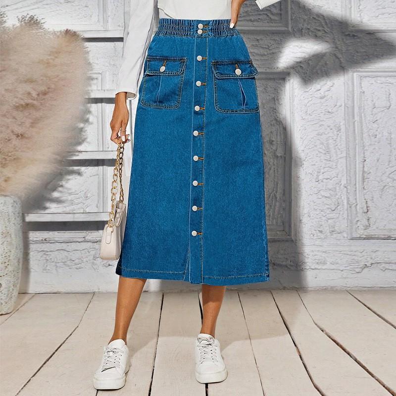 Plus Size Denim Skirt Women High Stretch Button Front Long Midi Streetwear Outfit 1XL 2XL 3XL 4XL 5XL