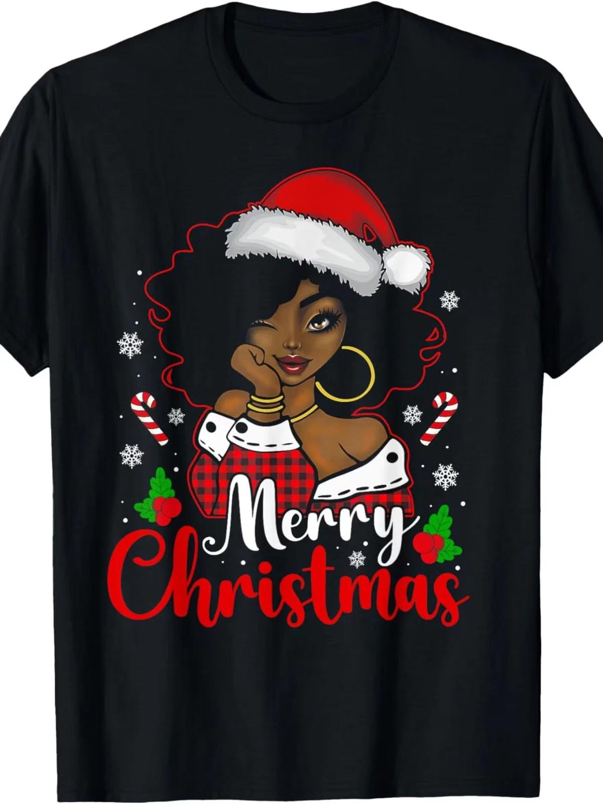 Plus Size, Merry Christmas Black African Plus Size Women s T-shirt, Black, Round XXL