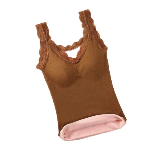 Women's Thermal Tank Top Lace Trim Sleeveless Camisole Shirts Fleece Lined V Neck Warm Base Layer Cami Underwear Tops with Built-in Bra