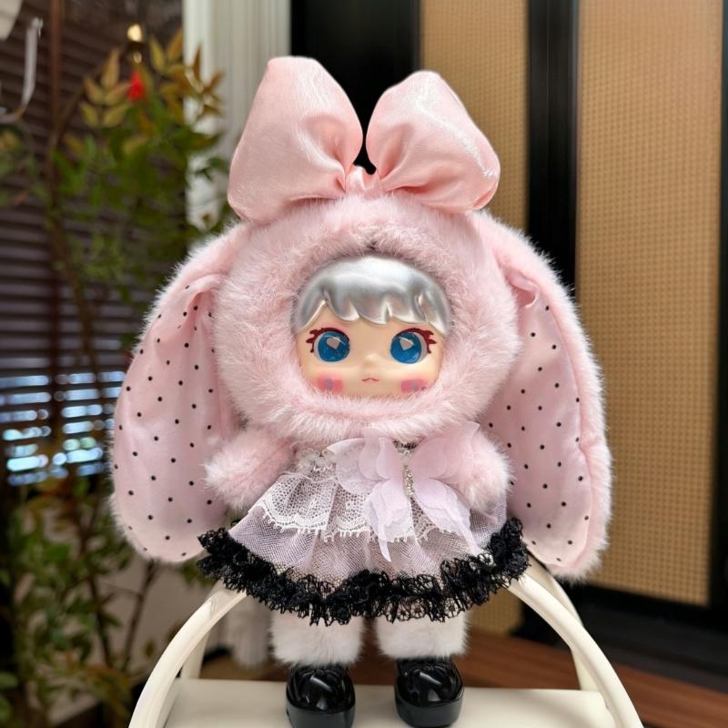 Cute Fluffy Bunny Ear Plush Vinyl Doll Keychain Bag Charm Pendant Soft Fuzzy Fabric Lace Dress Girls Birthday Gifts