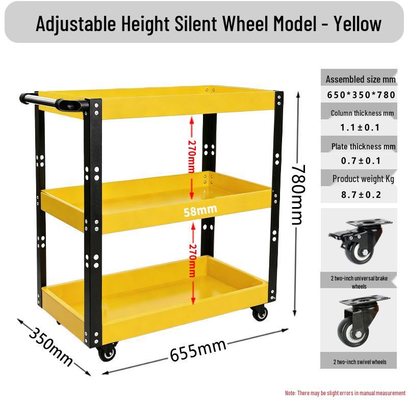 Adjustable 3-Tier Hand-Push Tool Cart for Auto Repair - Multi-Functional Mobile Workshop Storage.