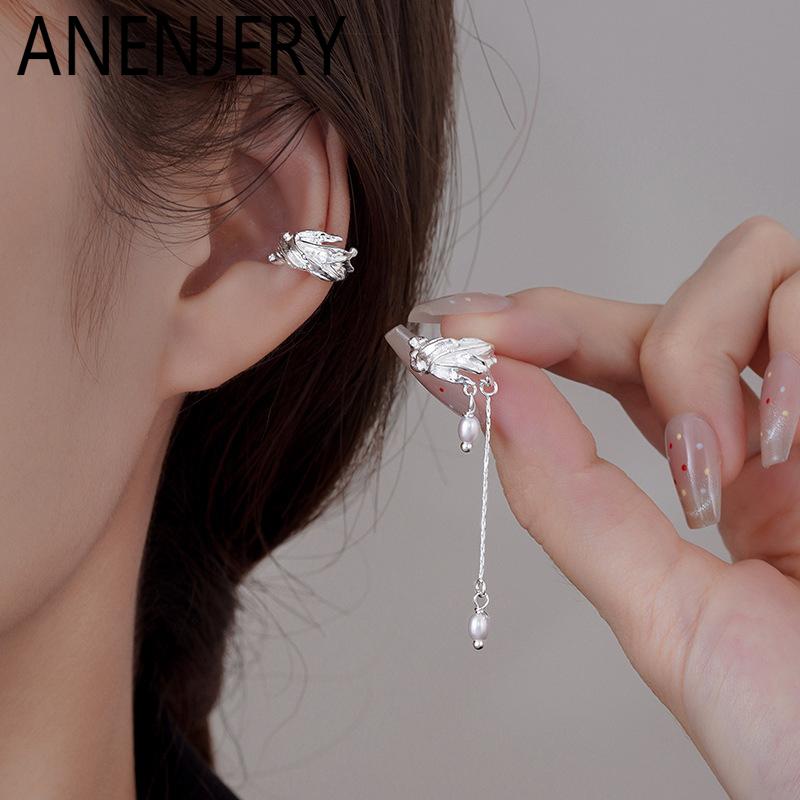 ANENJERY Silvery Geometry Pearl Tassels Earrings for Women No Ear Hole Personality Niche Design Jewelry Gifts Wholesale