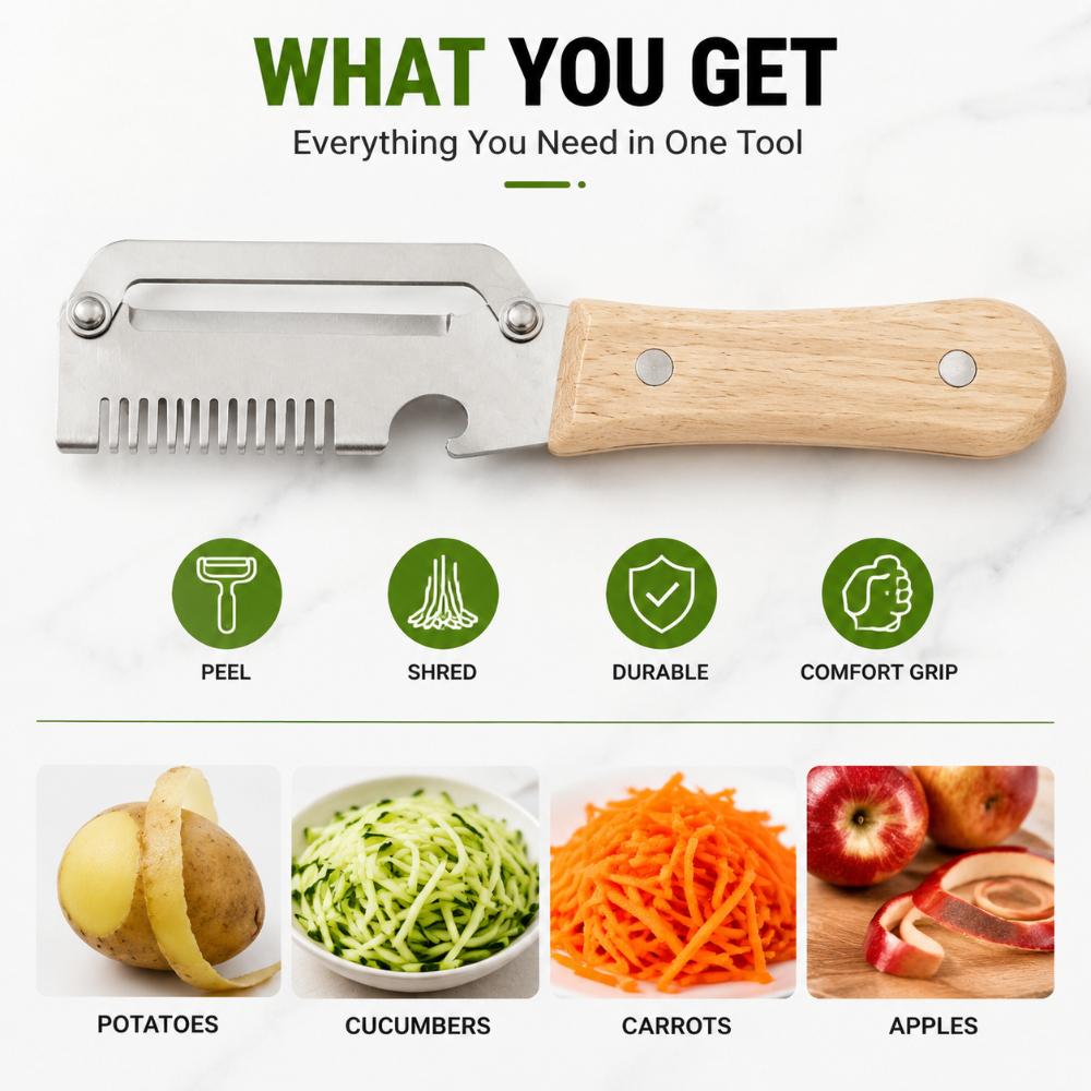 Kitchen Culinary Gadget 2-in-1 Stainless Steel Peeler Ergonomic Wood Handle for Fruit Potato Vegetable Trimming