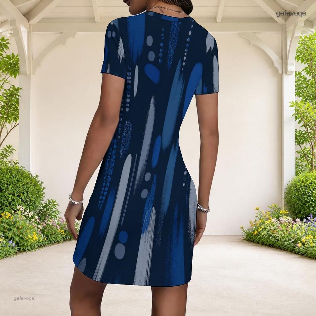 Women Plus Size Short Sleeve Round Neck Fitted Mini Dress Blue Abstract Print
