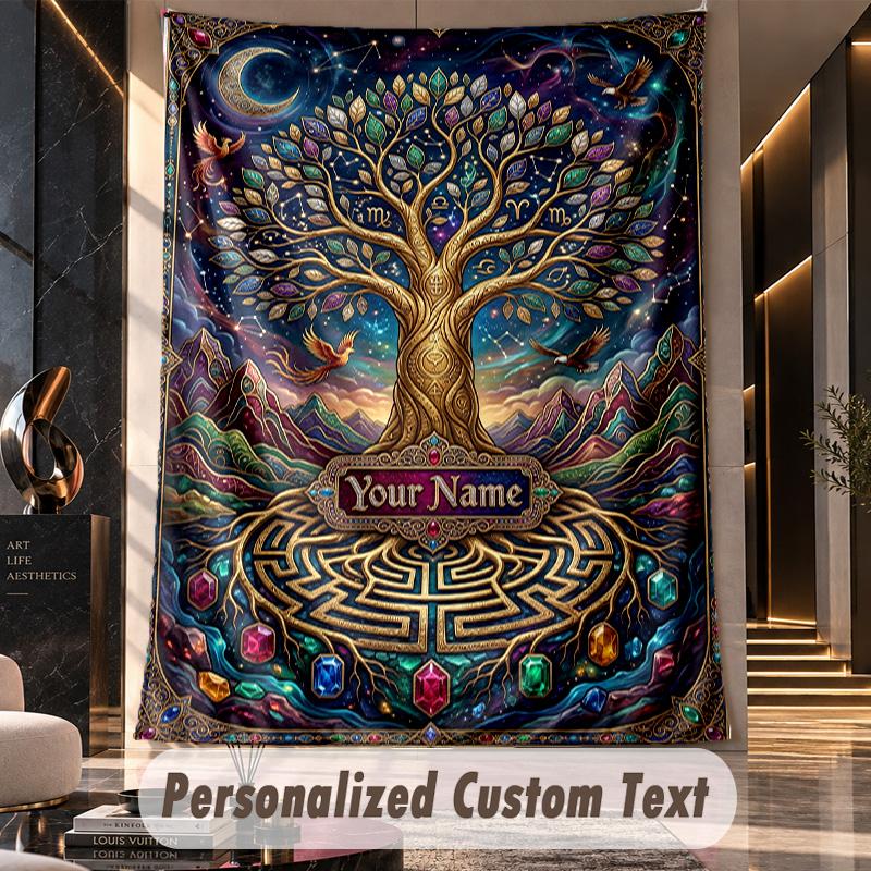 Tree Life Fantasy Artwork Theme Wall Tapestry Customized With Name Text Personalized Hanging Tapestry For Bedroom Living Room Decor