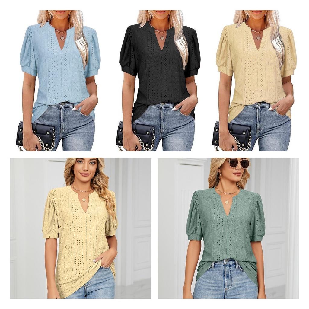 Women's V-neck Tops Short Sleeve T-shirts With Cut Out Lace Detail