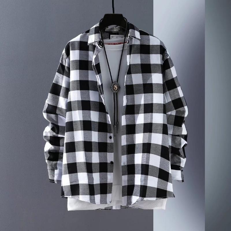 Camicia Casual da Uomo a Quadri Manica Lunga con Colletto alla Coreana