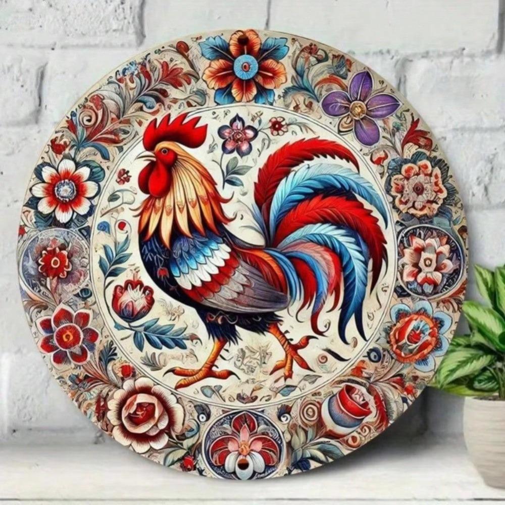 Vintage Metalen Rond Kip Bloemen Muurkunst Bord Decoratie