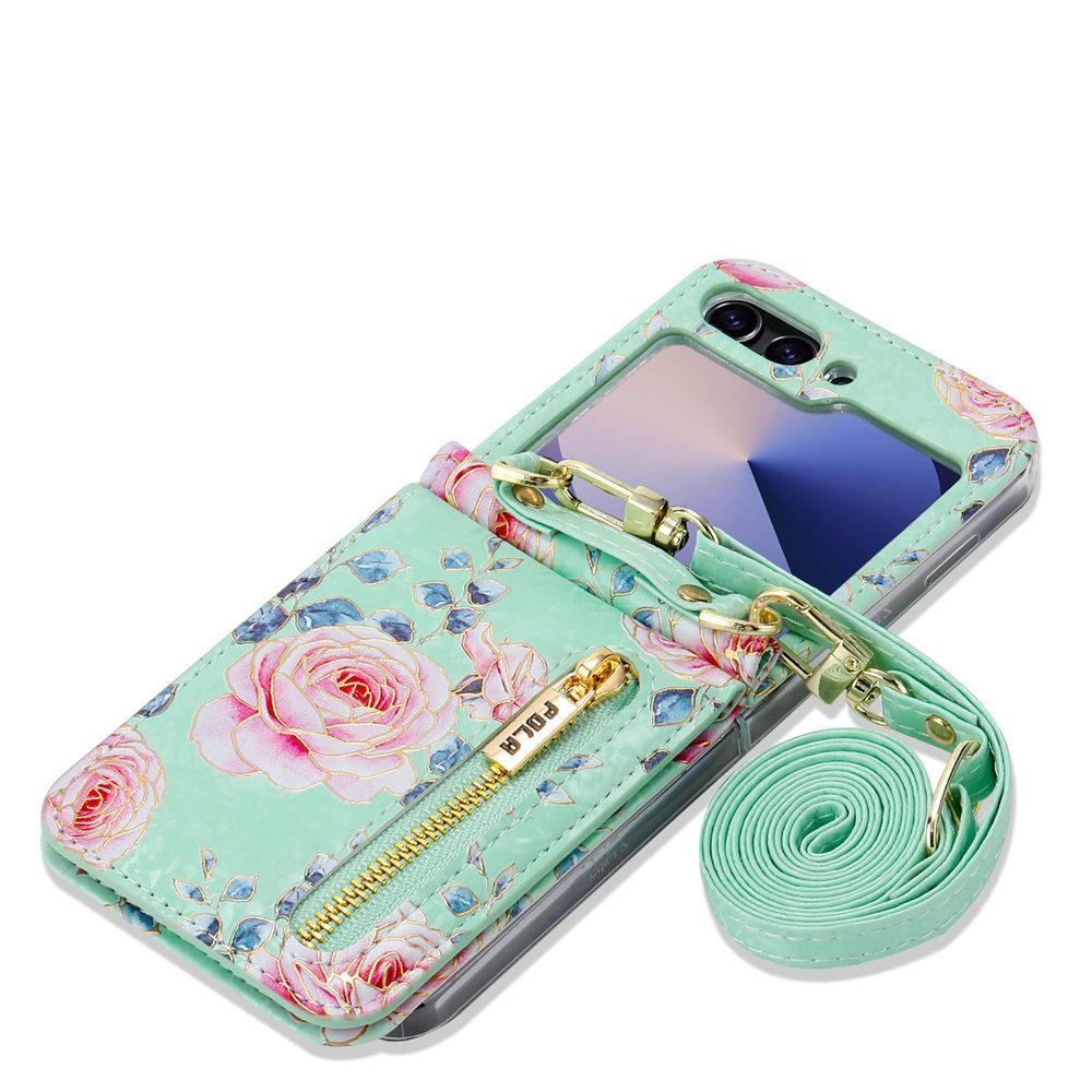 Zipper Crossbody Wallet Cards Slot Flower Case For Samsung Galaxy Z Flip 7 6 Flip 5 4 3 Leather Long Lanyard Strap Cover