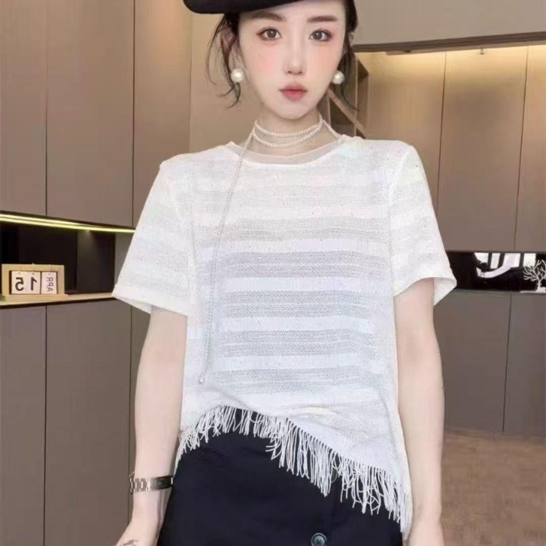 

Футболка Starry Diamond Mesh 2025 года: Круглый вырез, короткий рукав, стиль вестерн One size fits 80-140 jin белый