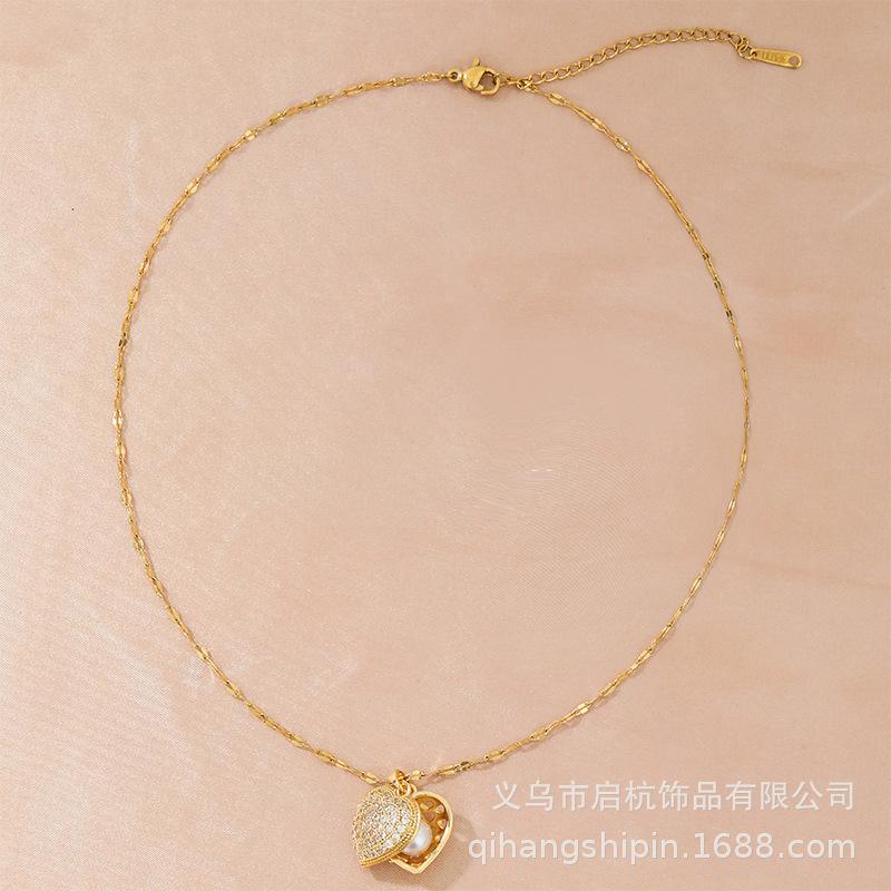 Peach Heart Necklace Women'S Light Luxury Style Simple And Versatile Temperament Shining Zircon Pearl Jewelry