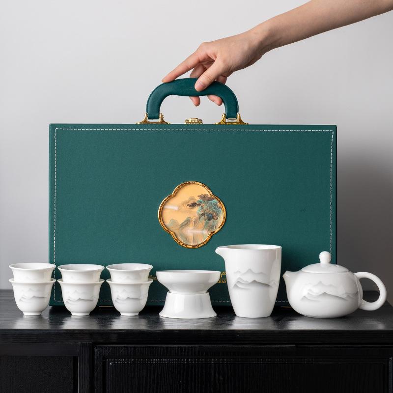 Suet Jade Ink White Porcelain Xishi Pot Set Kung Fu Tea Set Home Office Cover Bowl Business Tea Set Gifts
