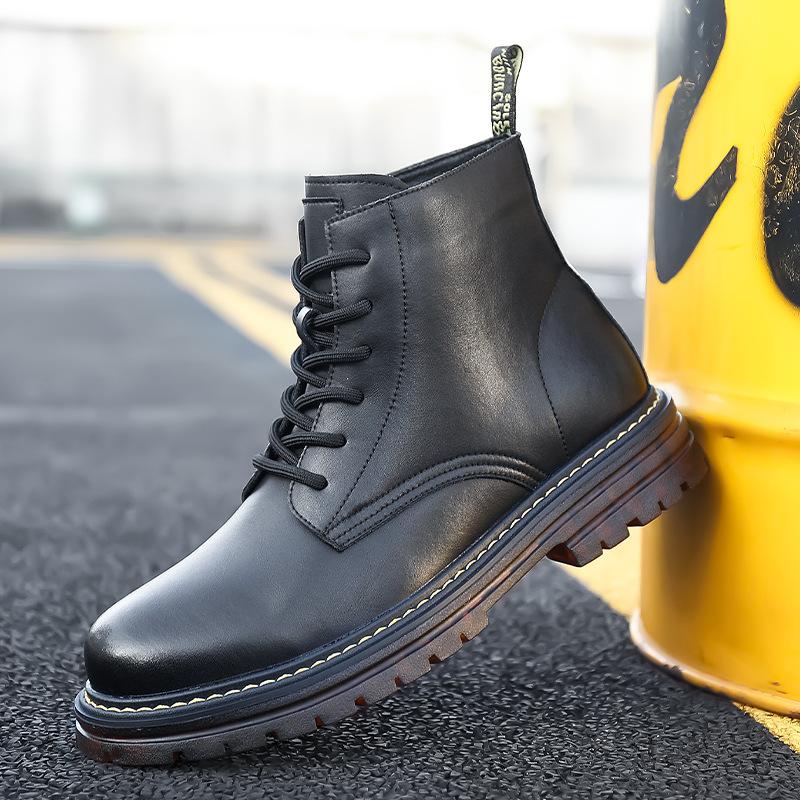 Fashion thick-soled Martin boots men's autumn high-top tooling short boots fleece warm soft-soled boots tide