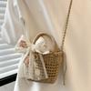 Yogodlns Floral Embroidery Bow Decor Straw Bag Woven Hollow Shoulder Bucket Bag Holiday Beach Bag Summer Crossbody Bag Handbag