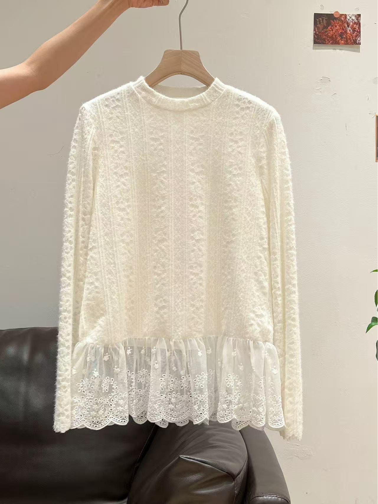Women s Knit Top with Lace Hem Long Sleeves - 2025 Autumn/Winter Layering Design XL-58-65kg