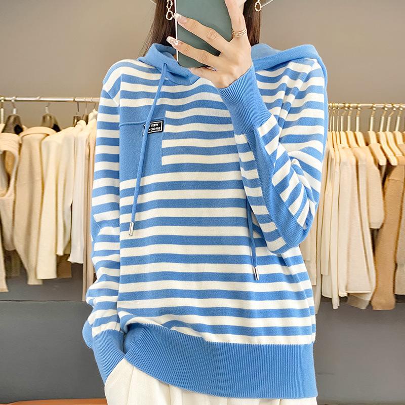 Autumn Fashion Hooded Sweater Women's Striped Colorblocking Casual Hooded Knit Top
