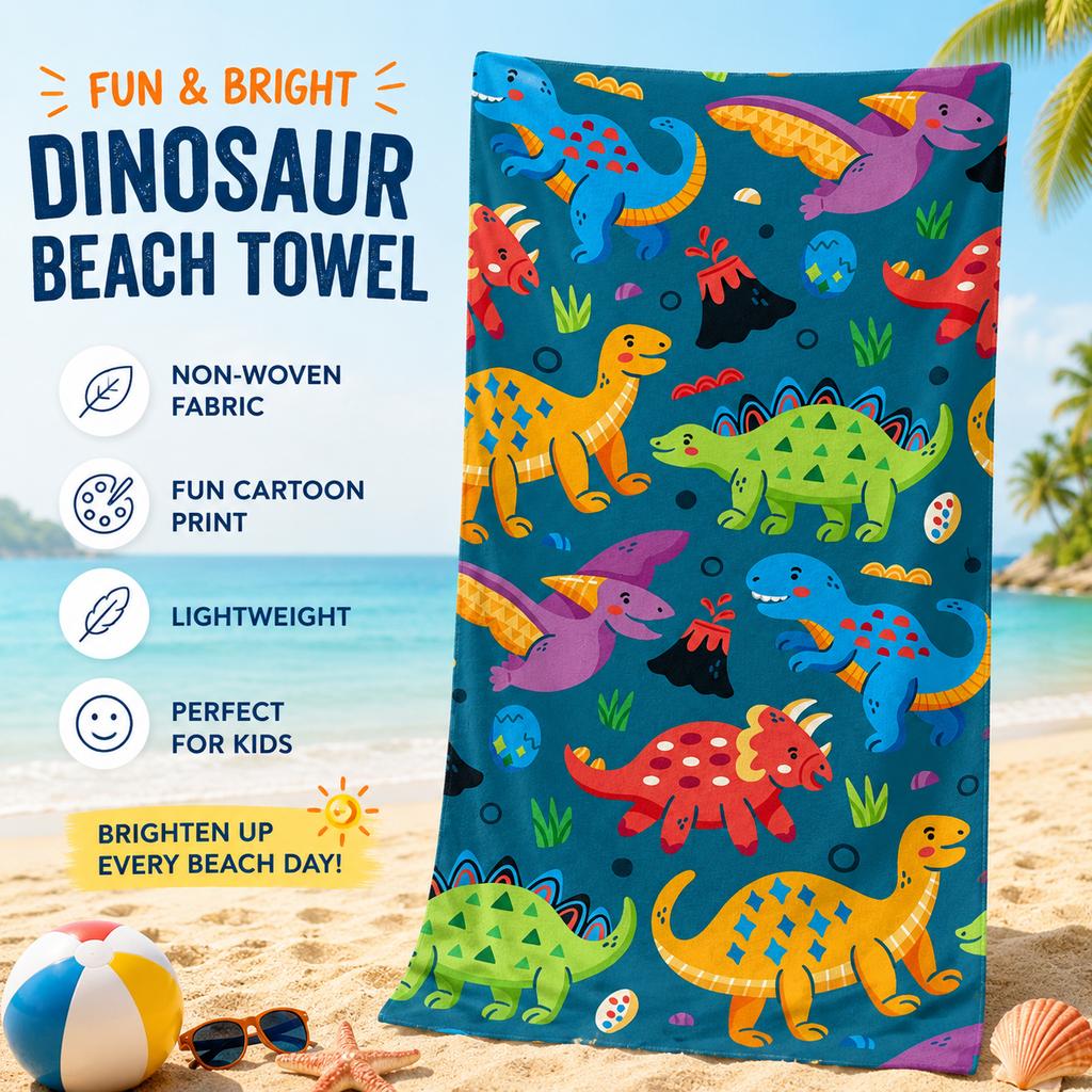 Funny Cartoon Dinosaur Beach Towel Flat Print Soft Quick Dry Bath Towel for Kids Toddlers Summer Pool Party Travel Blanket