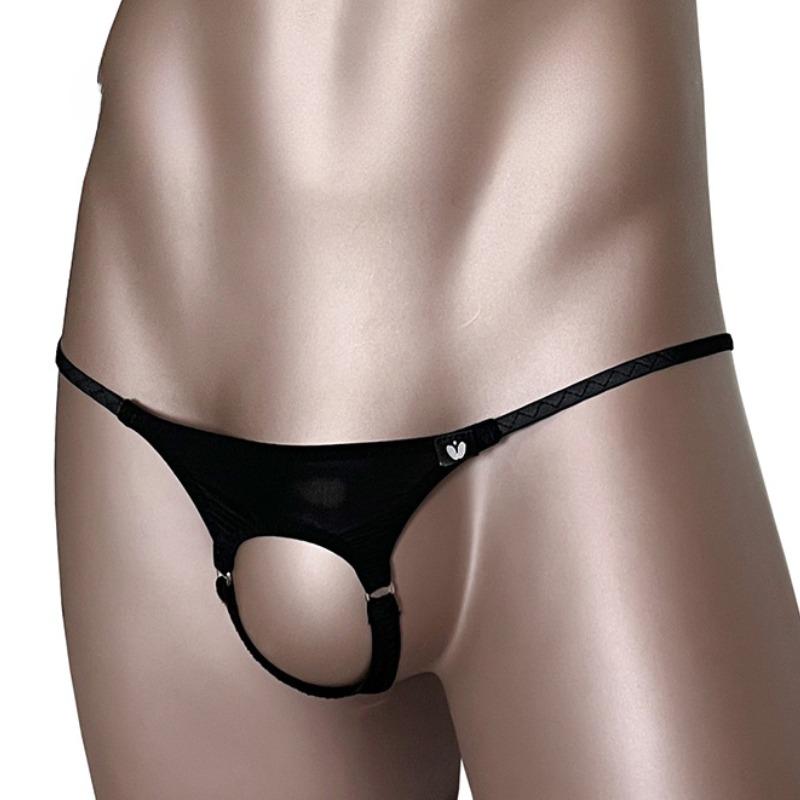 Penis Hole G-String Men Sexy Cock Ring Underwear Erotic Lingerie Low Rise T-Back Thongs Ice Silk Underpants Open Butt Panties