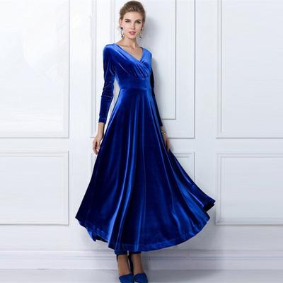 Women's Long Sleeve Velvet Maxi Dress - Elegant V-Neck Autumn Winter Evening Gown