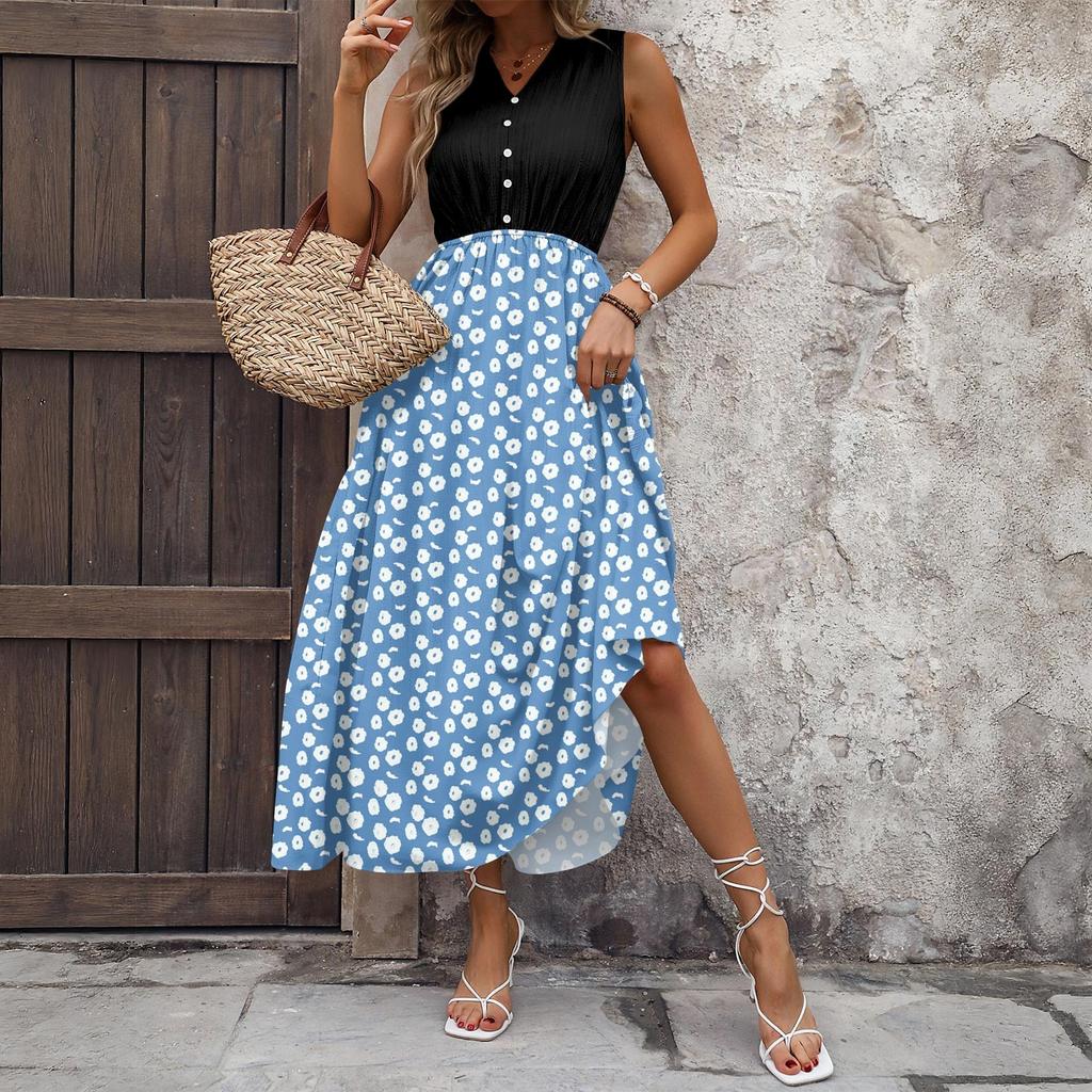 Women's Casual And Fashionable V-neck  Sleeveless Printing Mid Length Dress