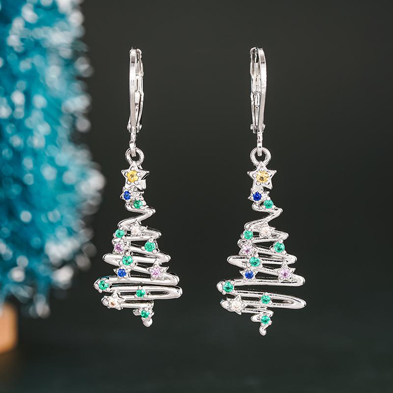 Huitan Trendy Festival Christmas Tree Dangle Earrings for Women Silver Color Colorful Cubic Zirconia Daily Wear Party