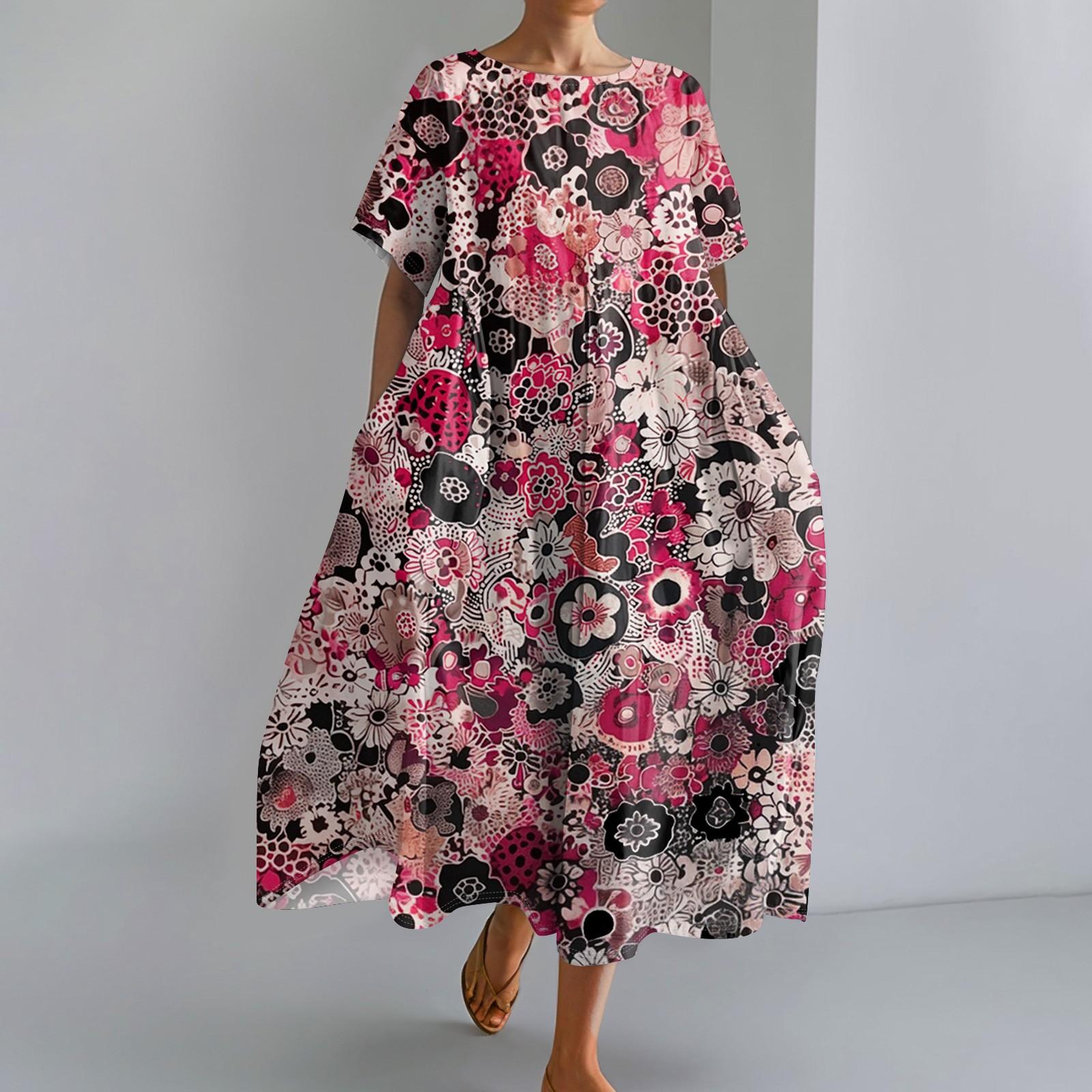 

Женское модное платье с круглым вырезом и короткими рукавами с градиентным принтом и свободным подолом XXXL розовый