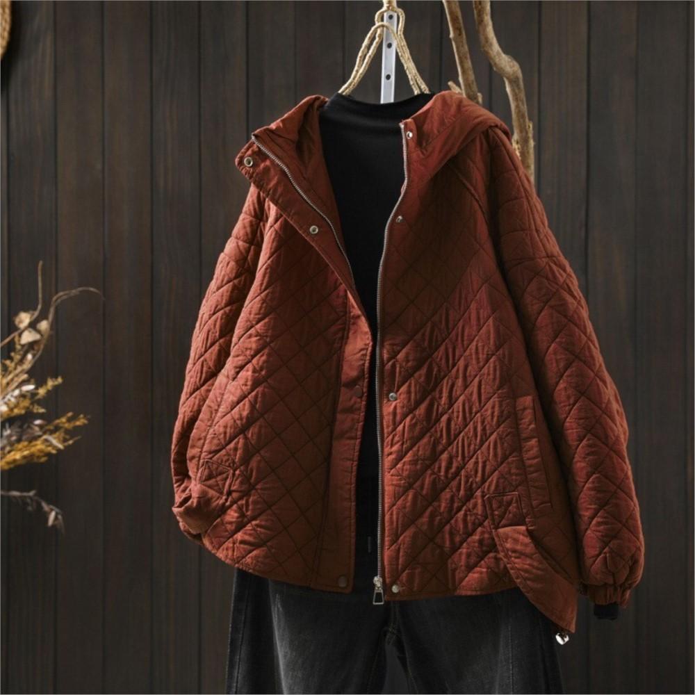Johnature Women Vintage Winter Hooded Solid Color Button Zipper Coats 2025 Solid Color Patchwork Pockets Casual Coats