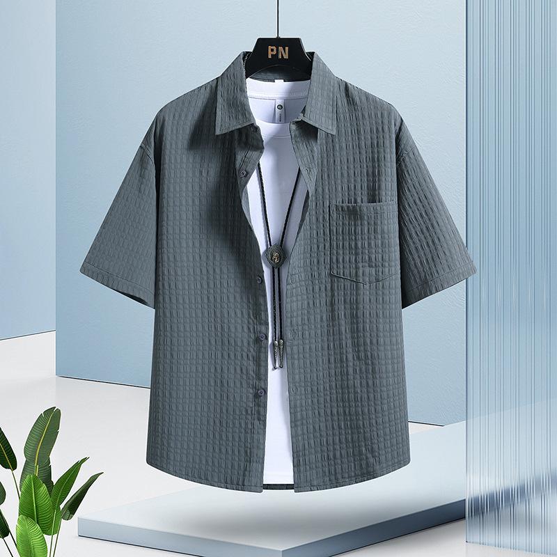 Wafelkowa Męska Koszula Krótki Rękaw Lato Duży Rozmiar Retro Casual Koszula z Kołnierzykiem