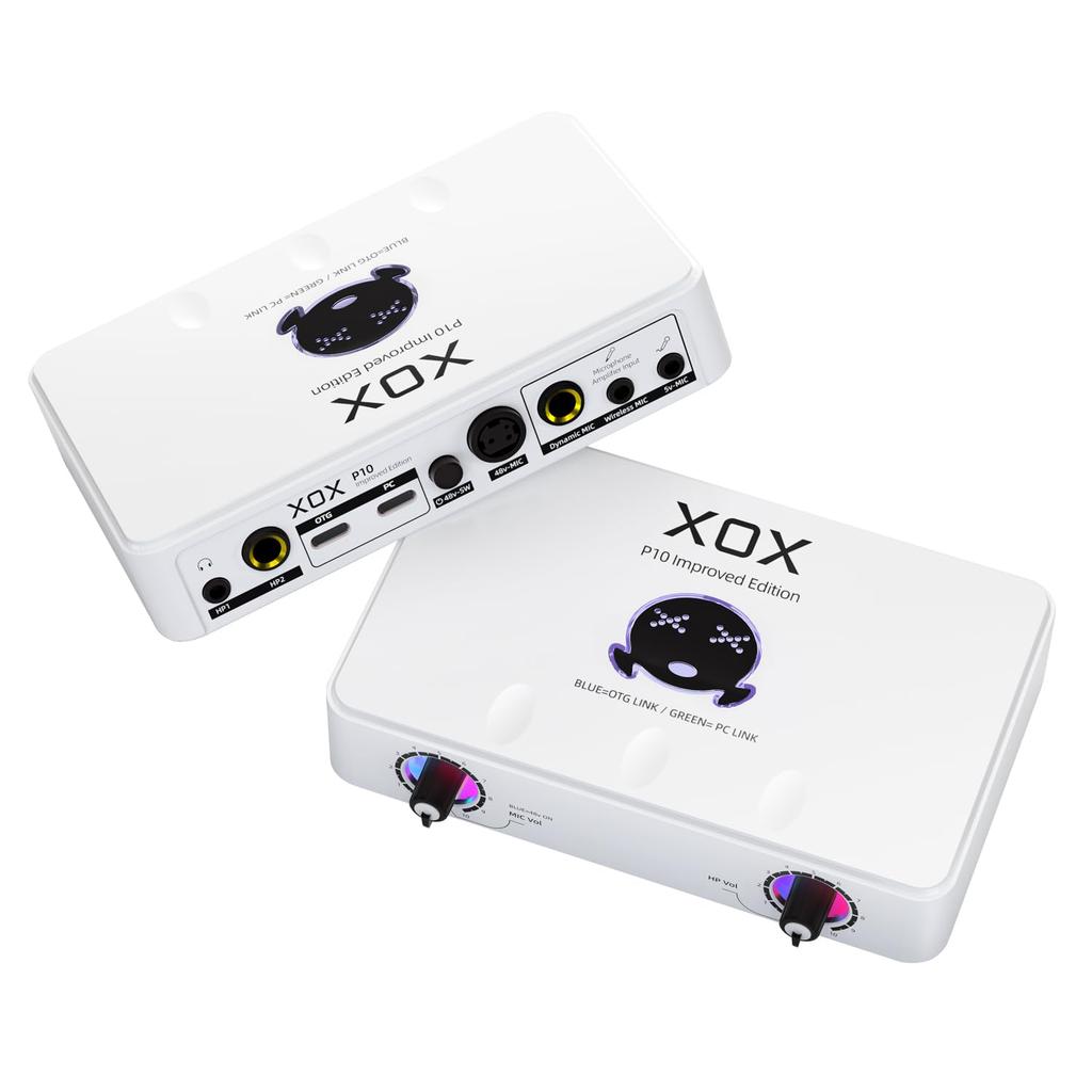 XOX P10 USB Audio Interface for Recording with Software Panel for and Independent Volume LED USB Audio 48V Phantom Power Studio-Quality Streaming,