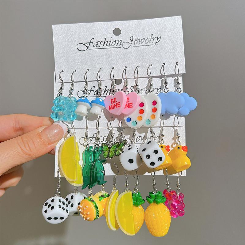 New Cute Cartoon Animal Fruit Earrings Set for Women Girl Simulated Resin Acrylic Food Drink Icecream DIY Dangle Earring Jewelry