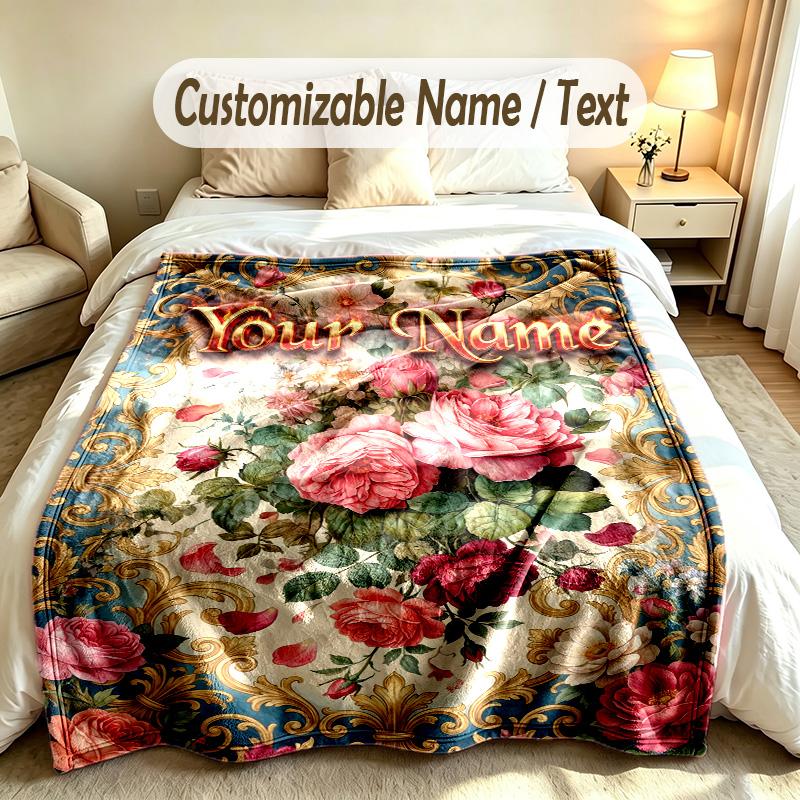 Floral Garden Theme Soft Blanket Personalized Custom Name Text Print Warm Blanket Home Sofa Bedroom Decor